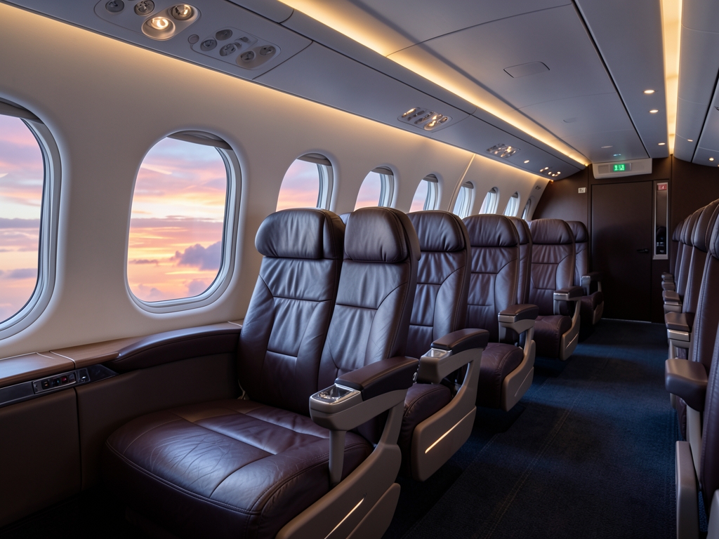 Spacious aircraft cabin with wide leather seats beside