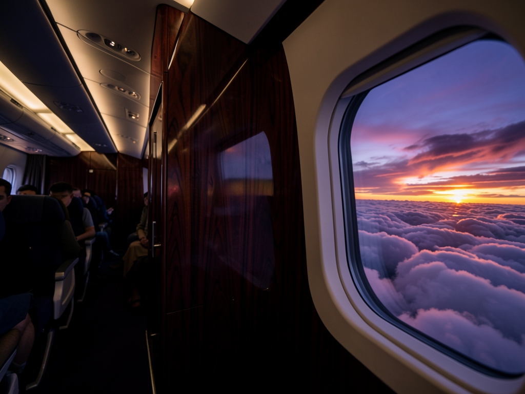 hushed airplane cabin interior with dark polished wood