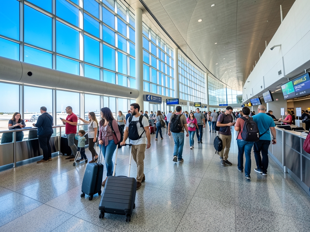Wide angle view bustling international airport arrival hall featuring