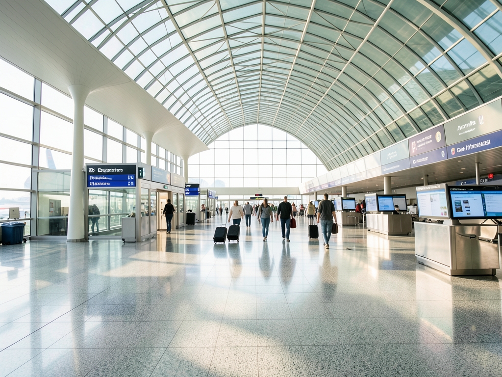 Modern sunlit airport terminal with curved glass roof