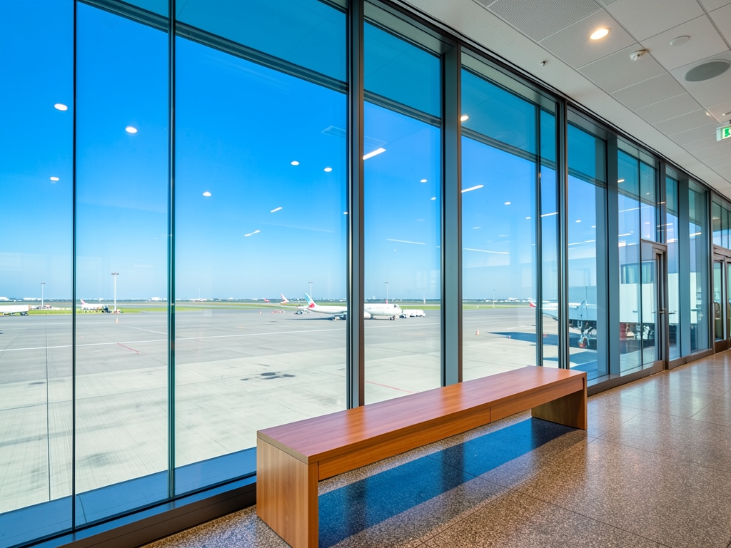 Sleek modern airport terminal interior featuring expansive glass