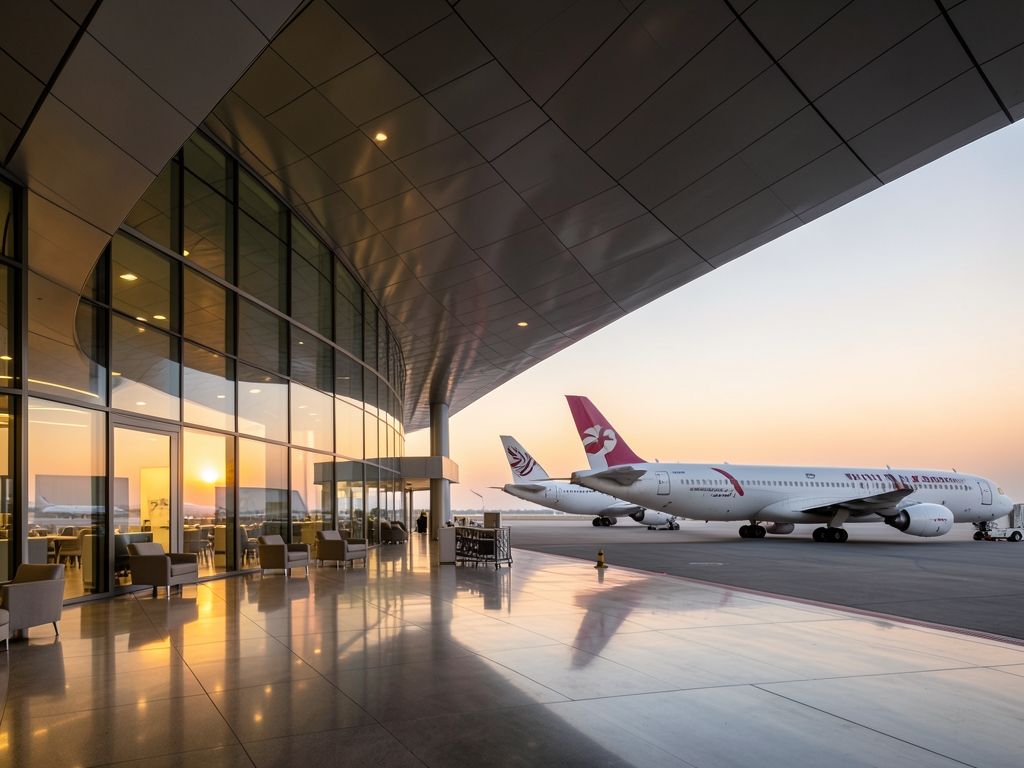 Modern desert airport terminal sunset with sweeping curved