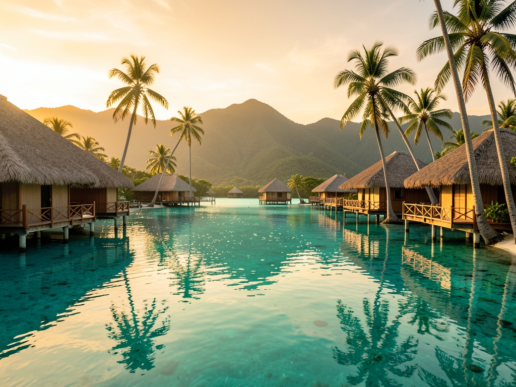 Tranquil turquoise lagoon Tahiti with overwater bungalows palm