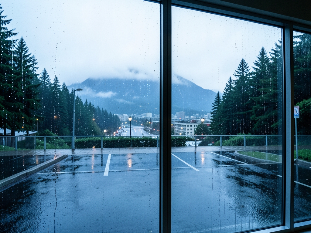 quiet Vancouver arrival beneath gray blue rain framed glass