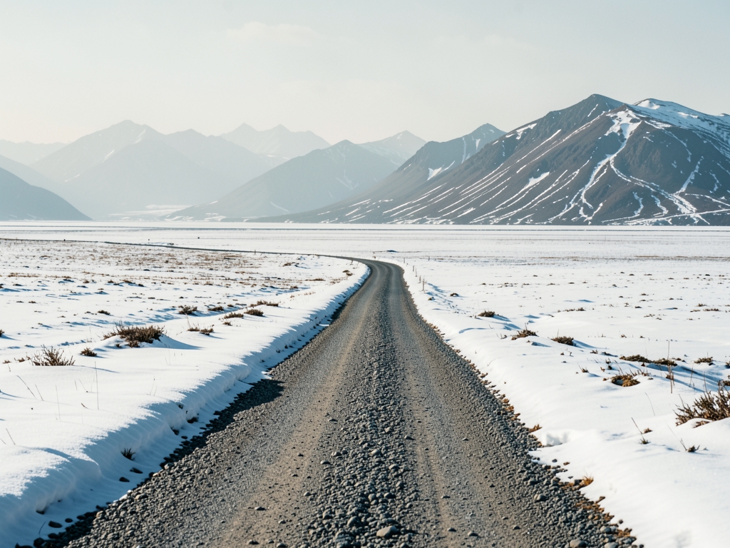 lone gravel road cutting through snow covered tundra under