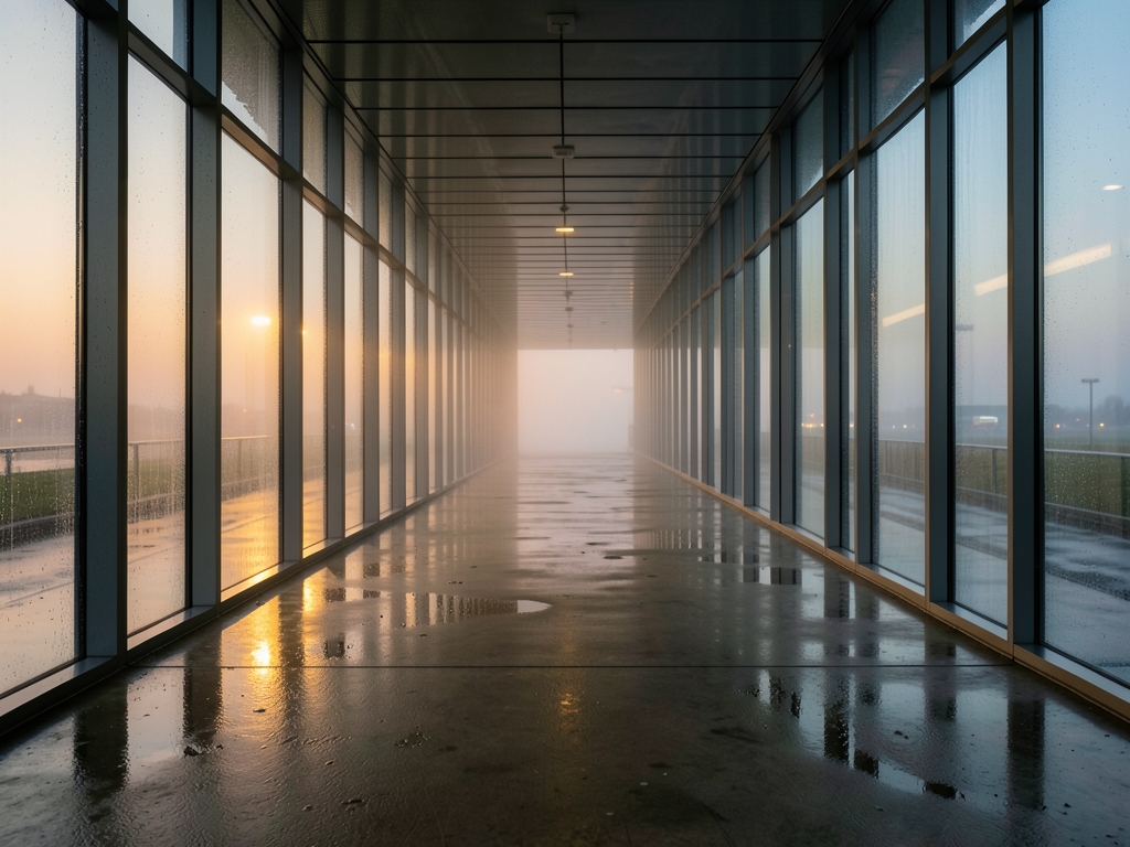 misty rain dampened glass and steel corridor contemporary Amsterdam airport twilight