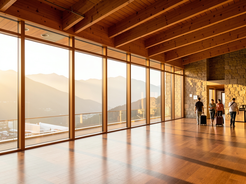 sunlit wooden airport terminal with floor to ceiling windows overlooking