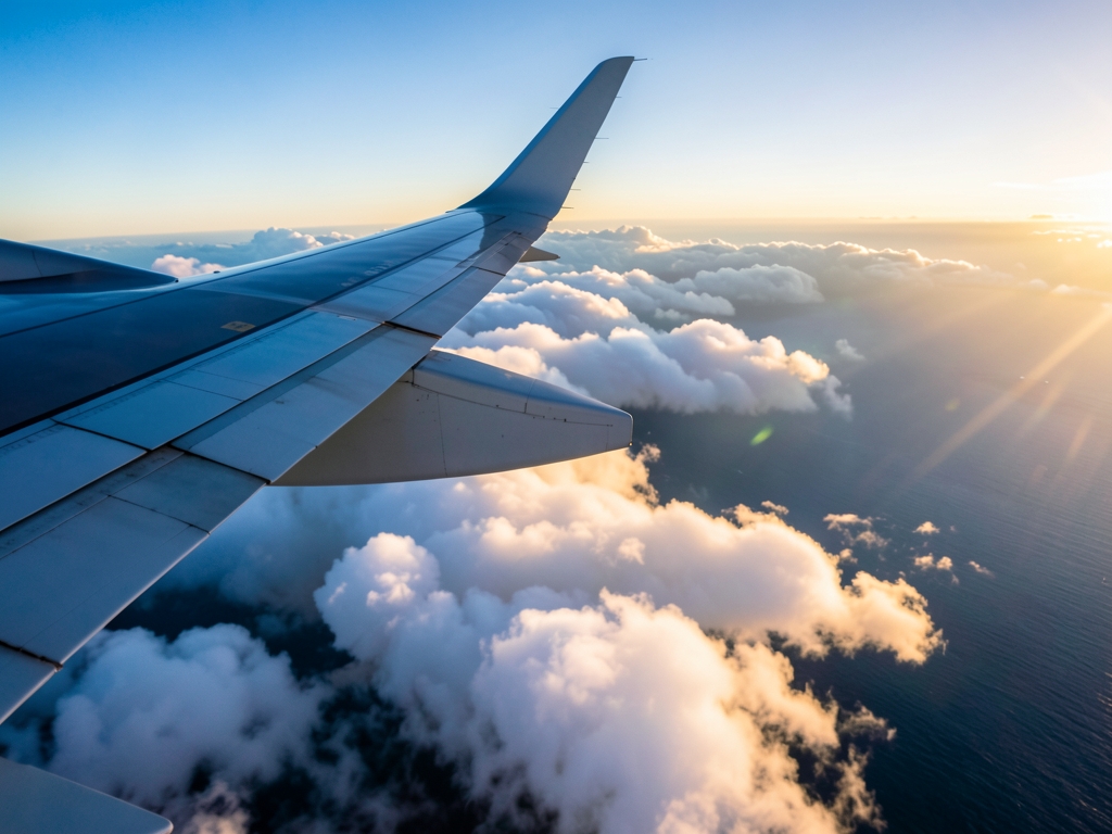 Aircraft wing above thick Atlantic clouds golden sunset