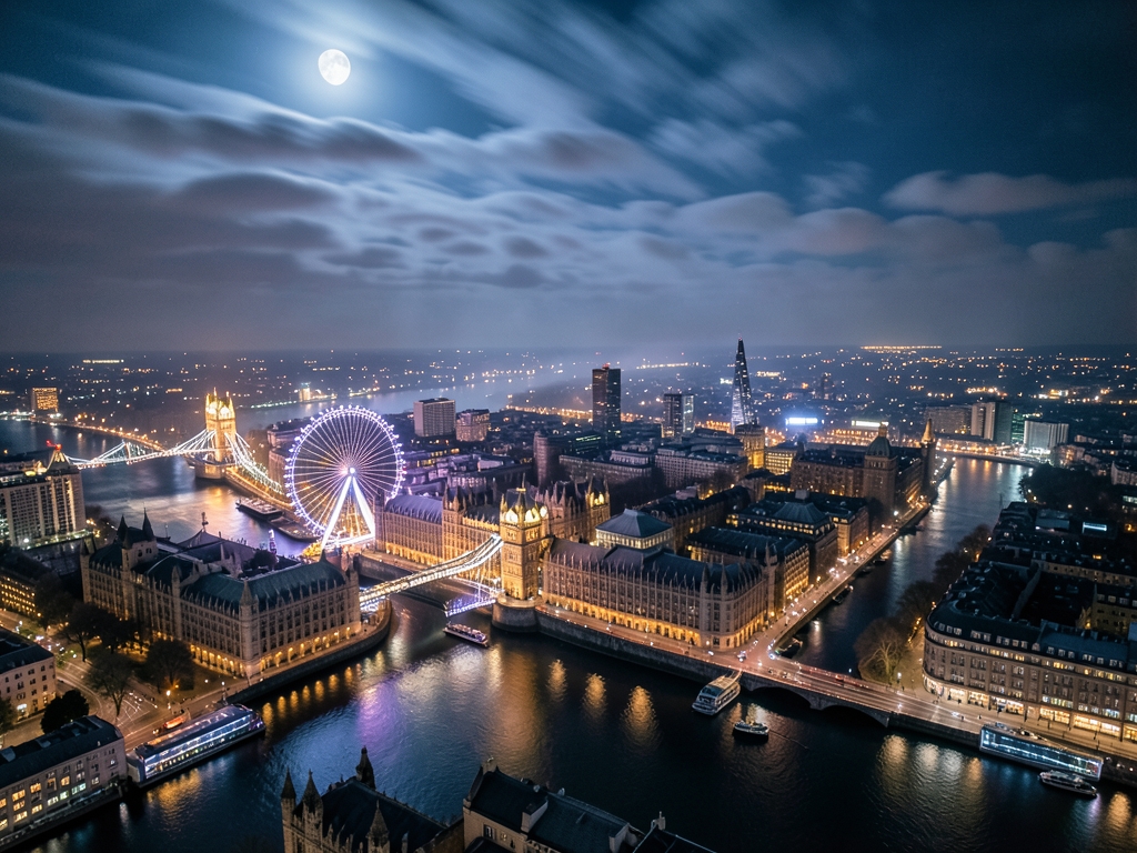 nighttime aerial view London s illuminated skyline glowing amber