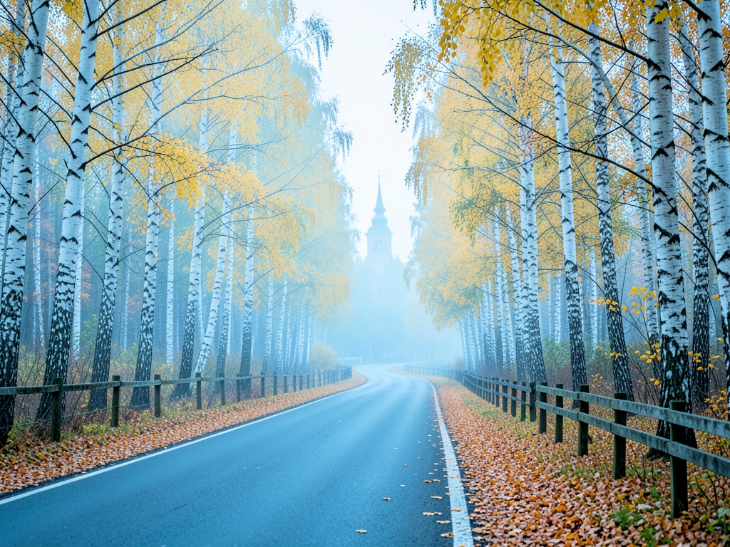 Winding country road through autumn birch forest Baltics