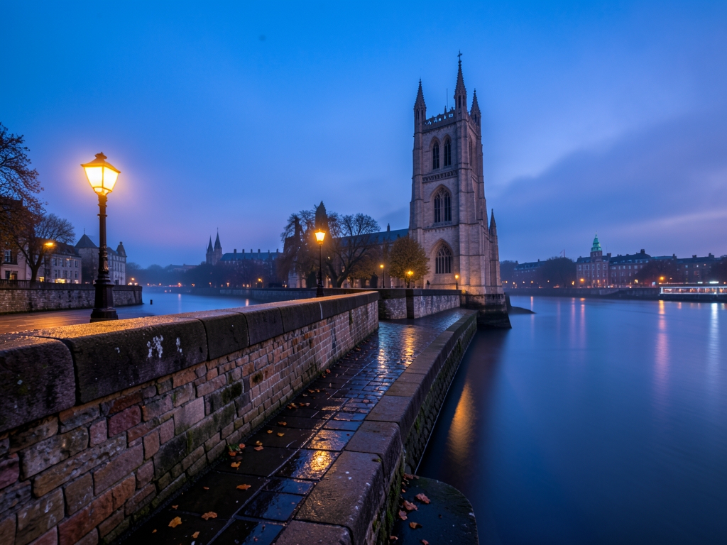 River Thames misty blue hour with historic stone