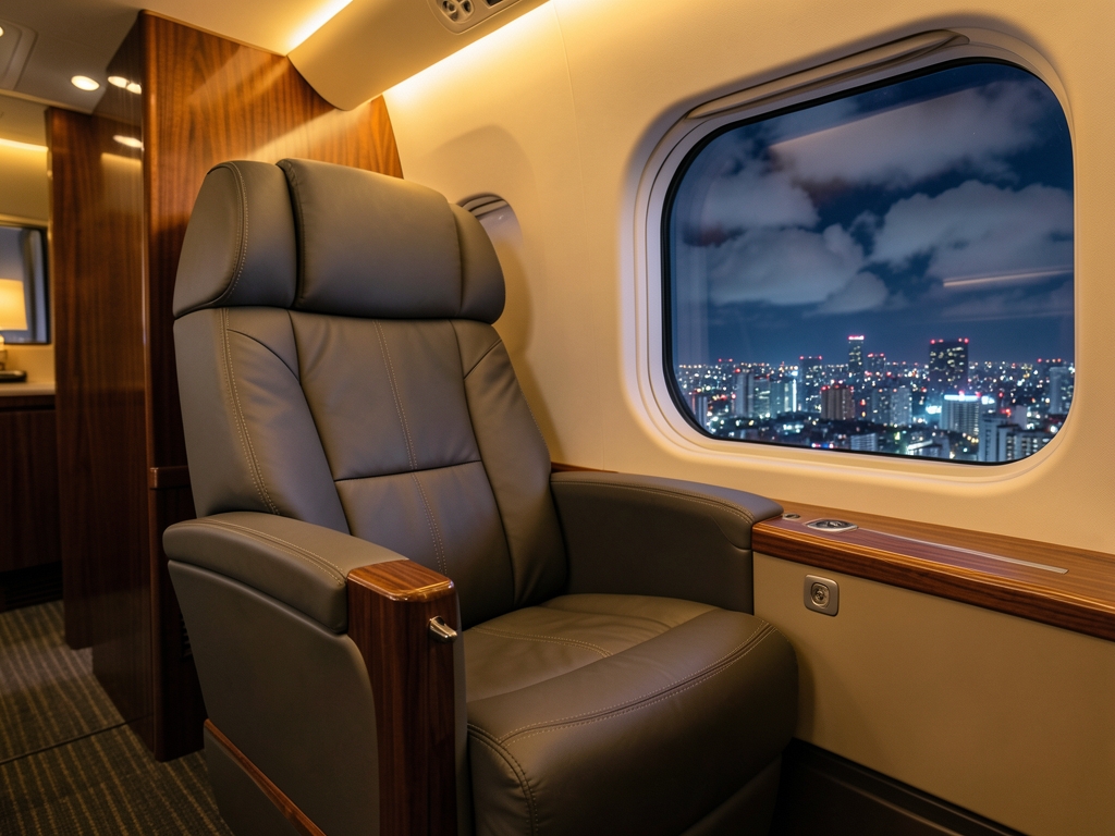 Soft amber cabin lighting wide business class seat warm