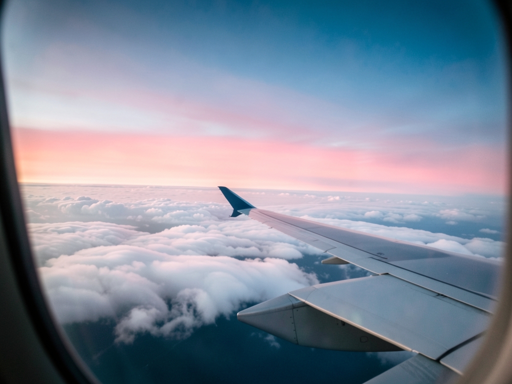 Airplane window view over layered clouds dawn wingtip