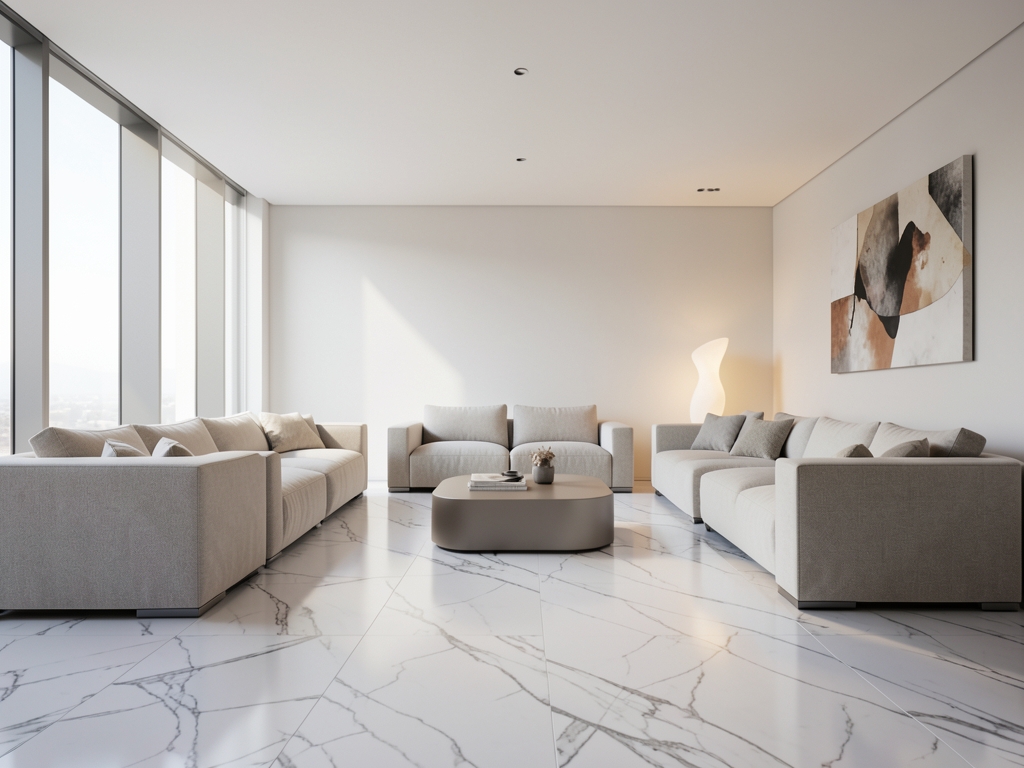 sleek minimalist lounge with cool white marble floors