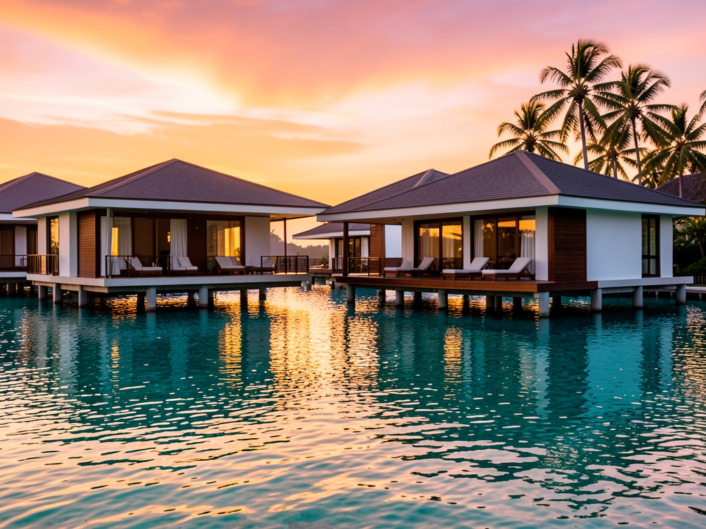 Tropical resort villas stilts over calm turquoise water