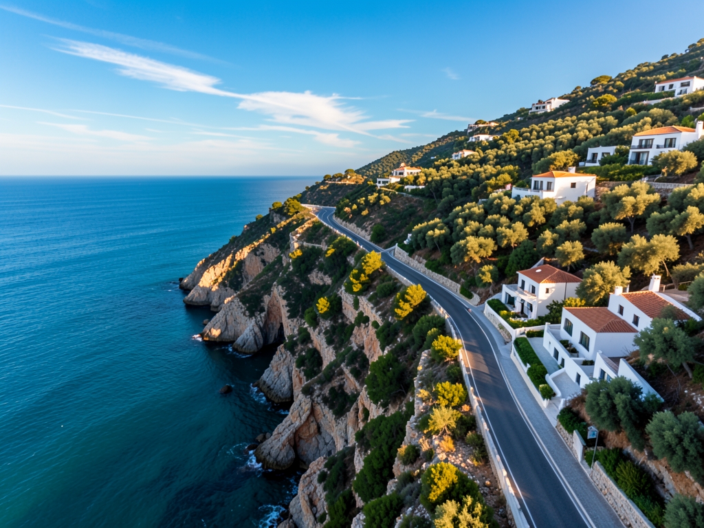 Aerial view winding coastal road hugging dramatic cliffs