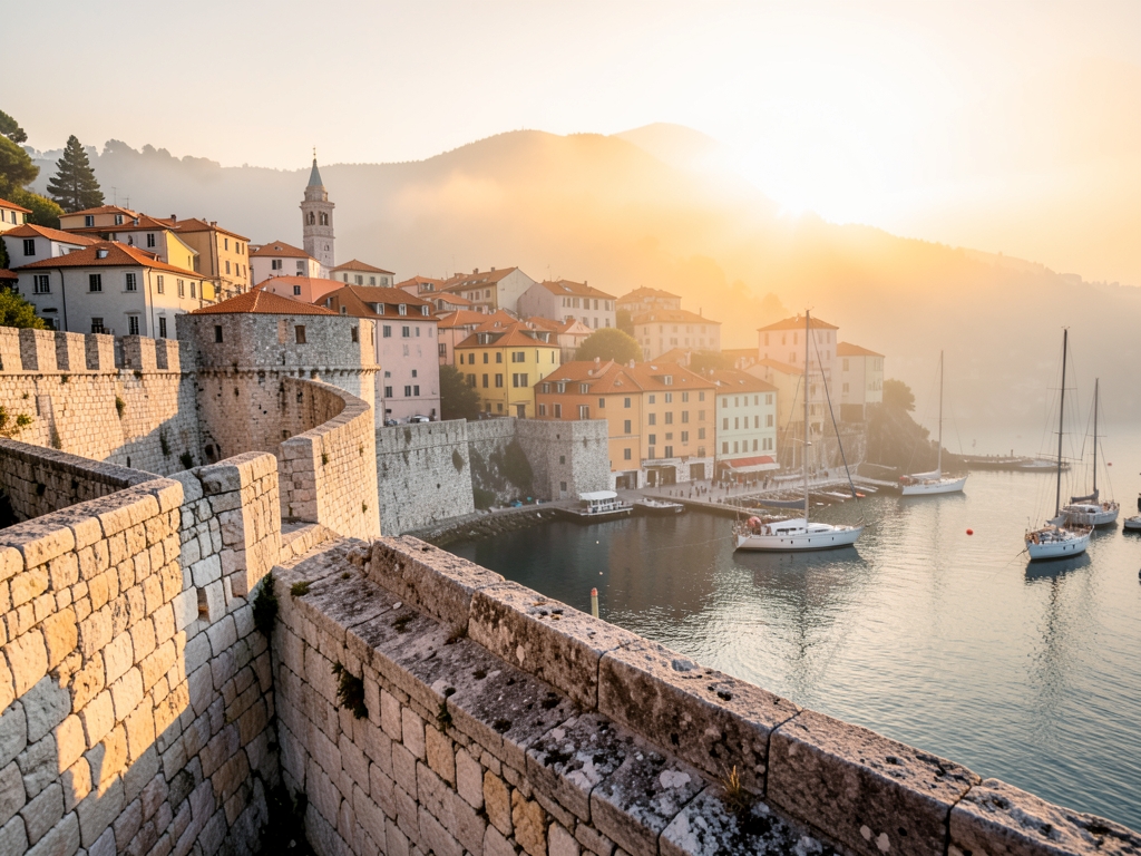 Sunrise over ancient stone walls Dubrovnik s town warm