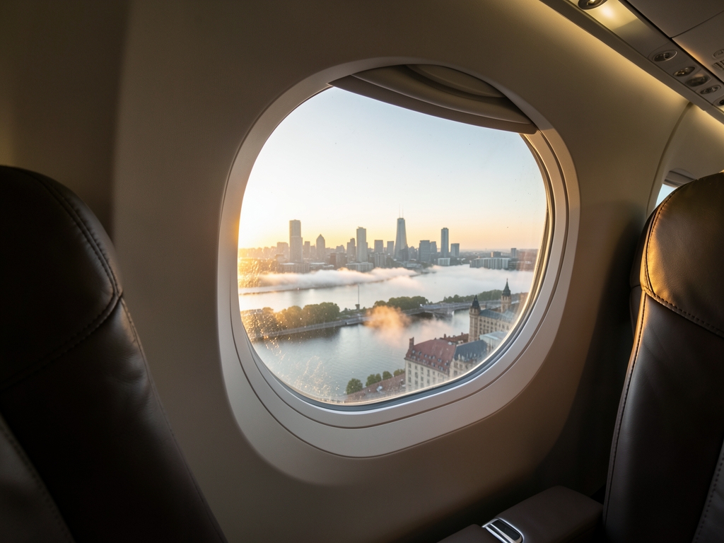Dawn approach over river city skyline through aircraft