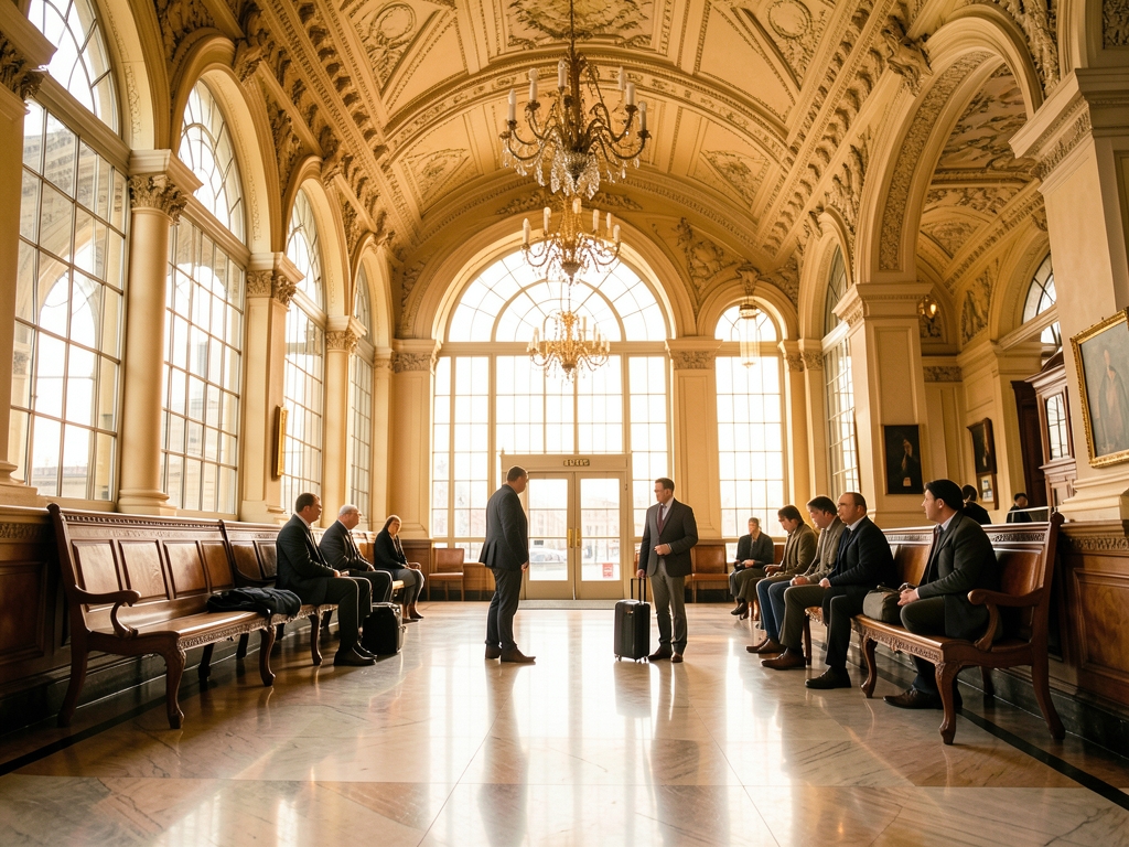 sunlit afternoon inside grand Parisian railway hall pale