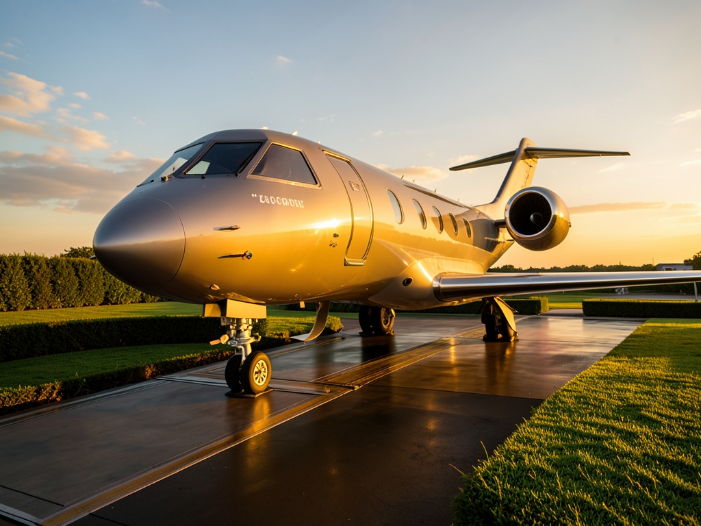 Golden hour light spilling over private ramp warm amber