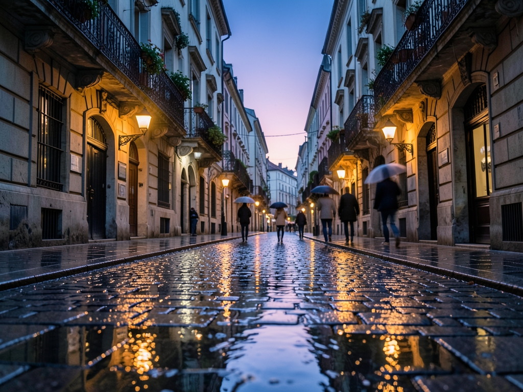rain kissed cobblestone street historic European city twilight amber