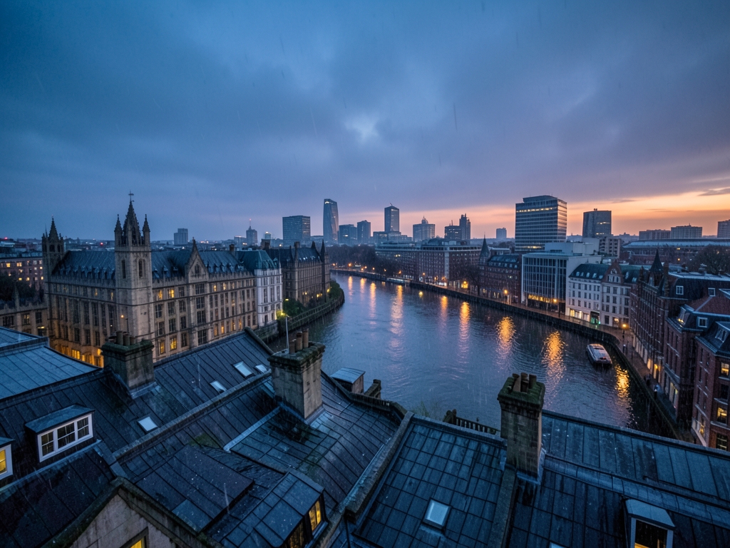 moody London skyline twilight with soft rain falling
