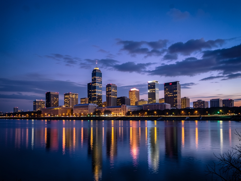 twilight scene Tulsa skyline glowing against deep indigo