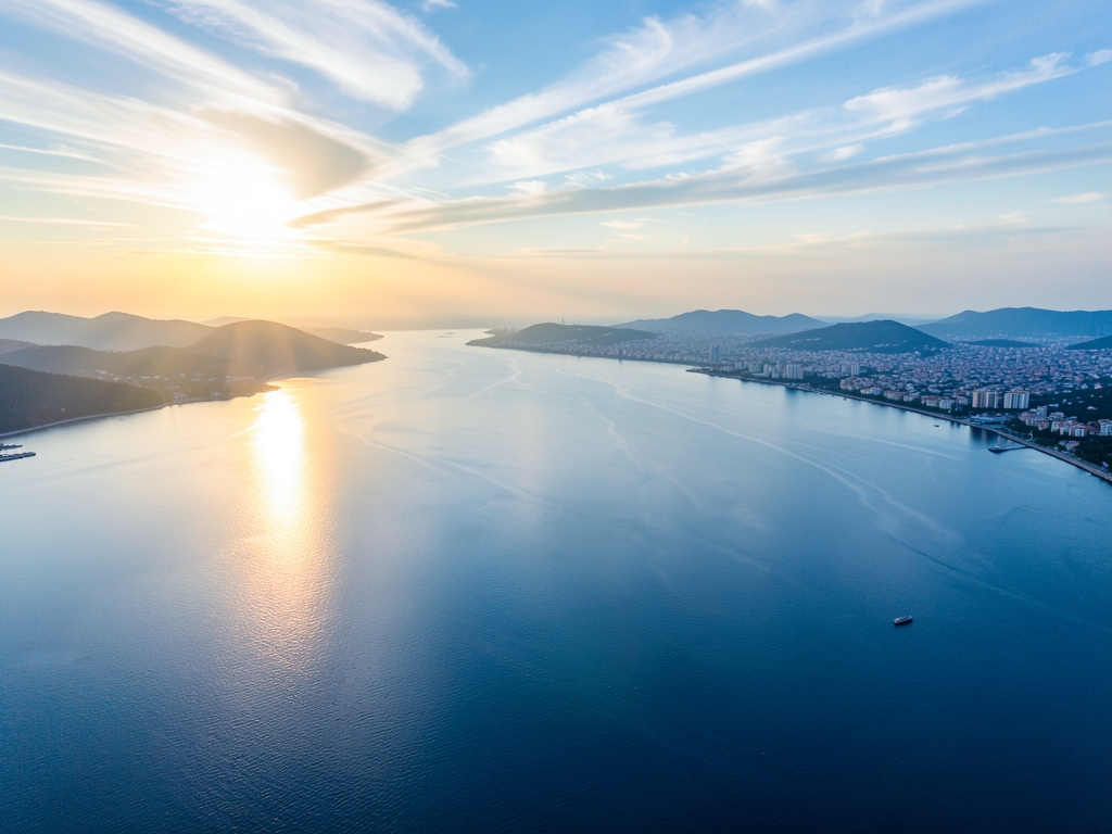 Aerial view wide Plata waters stretching toward Montevideo