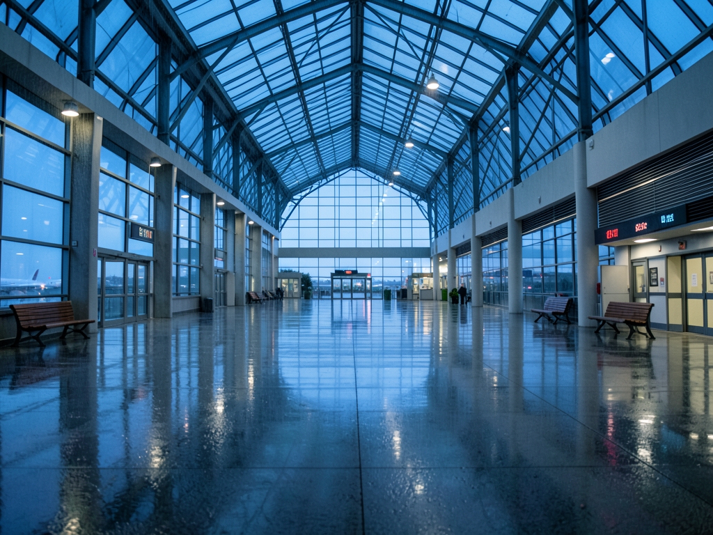 rain soaked departure terminal dusk with cool blue gray light