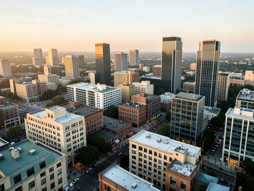 late afternoon golden hour view over Austin s limestone skyline with