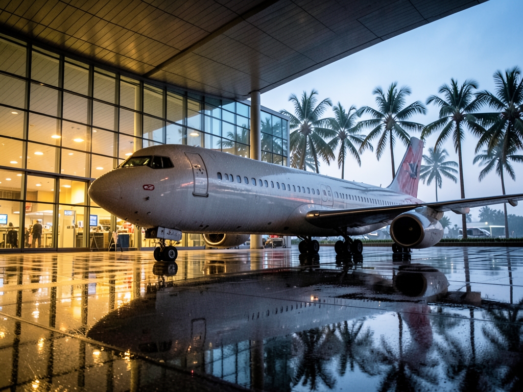 Modern tropical airport terminal dusk with glass walls