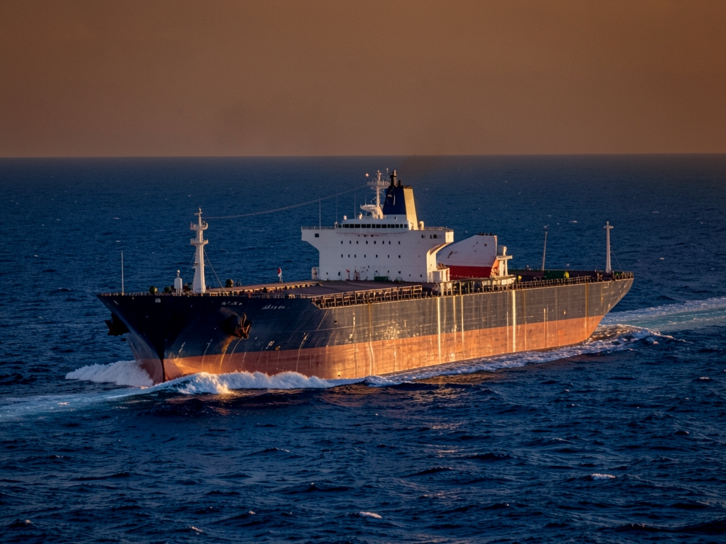 lone tanker cutting through deep blue ocean under