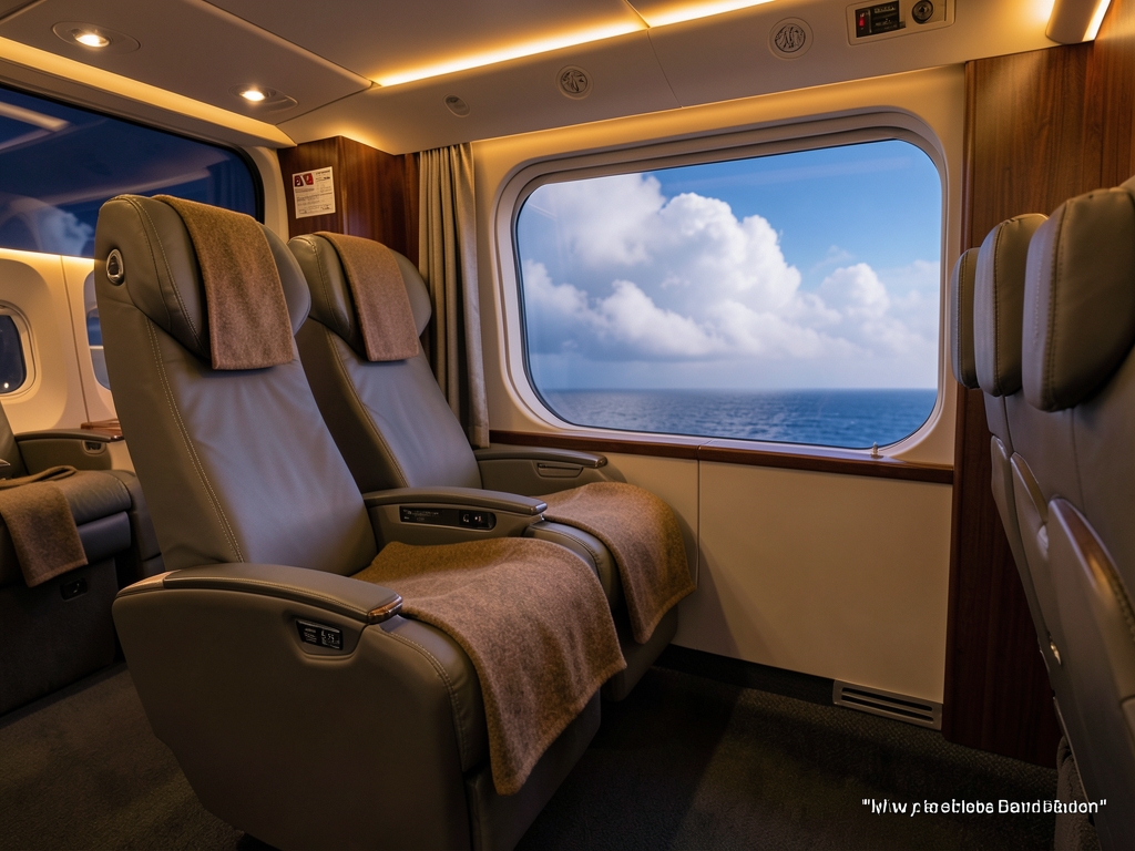 Business class cabin interior night with soft amber