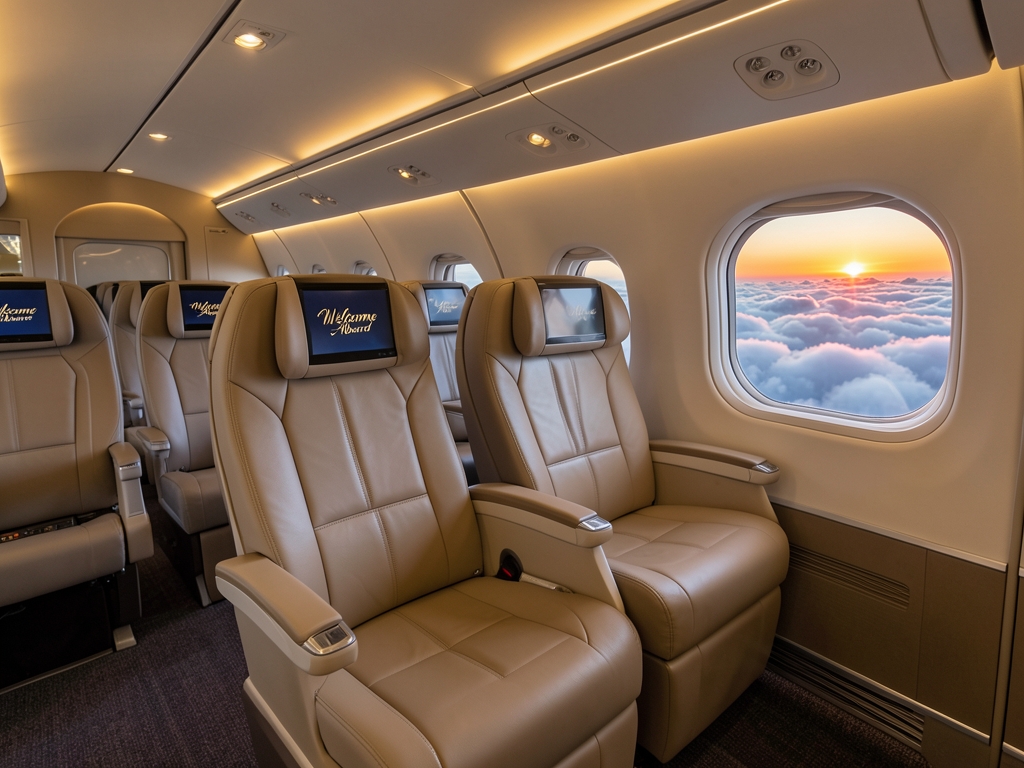 Wide airplane cabin interior with spacious reclining seats