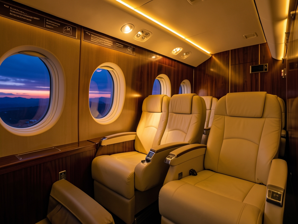 first class airline cabin interior twilight warm amber light