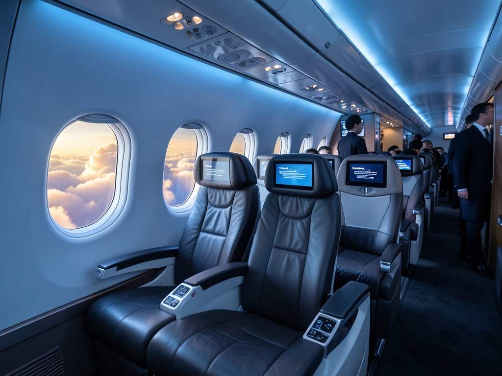 Interior premium airplane cabin with soft blue ambient