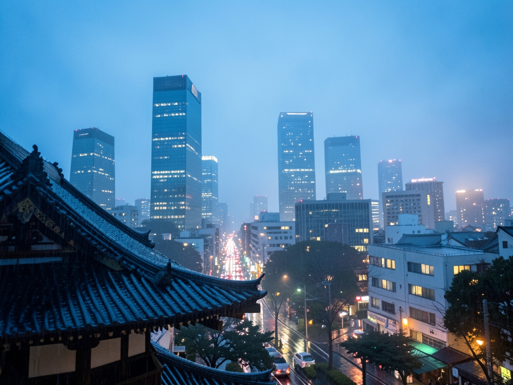 Tokyo skyline blue hour dusk after gentle rain streets