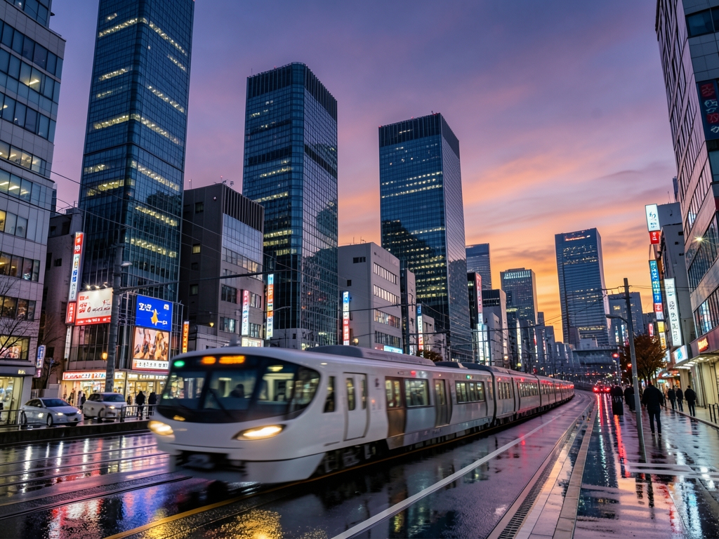 Tokyo skyline dusk with layered glass towers purple orange