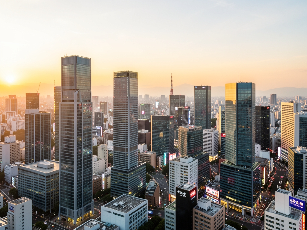 Tokyo city skyline golden hour from above glass