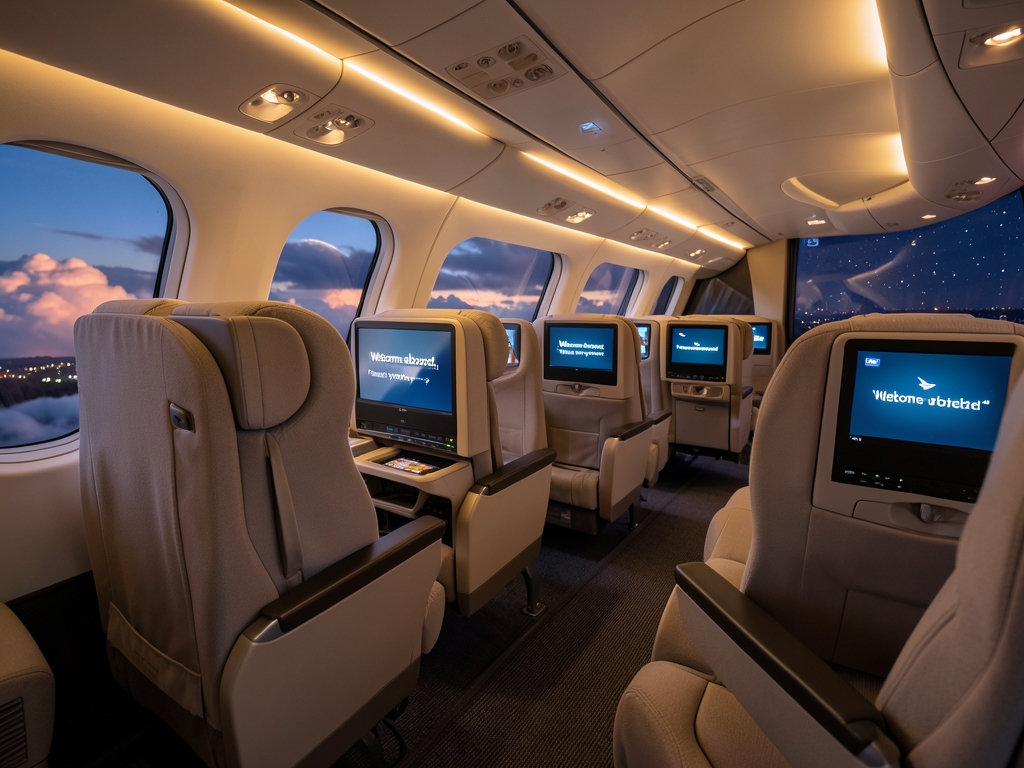 Airplane cabin interior dusk spacious reclined seats warm