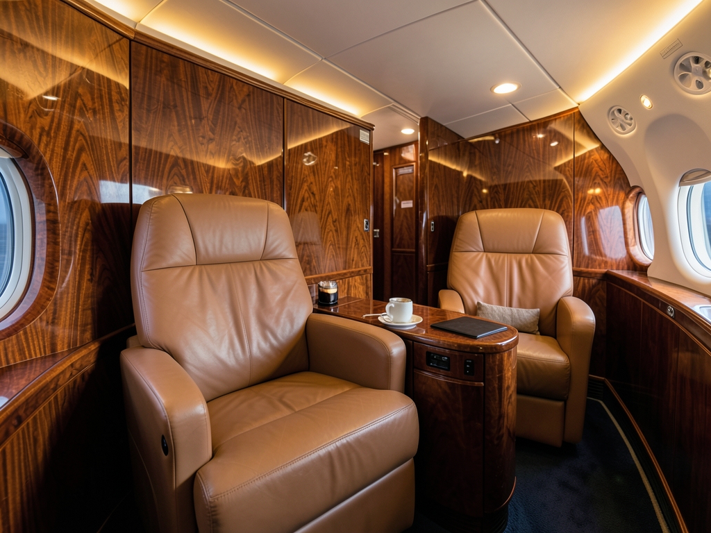 Luxurious airplane cabin interior with wide seats warm