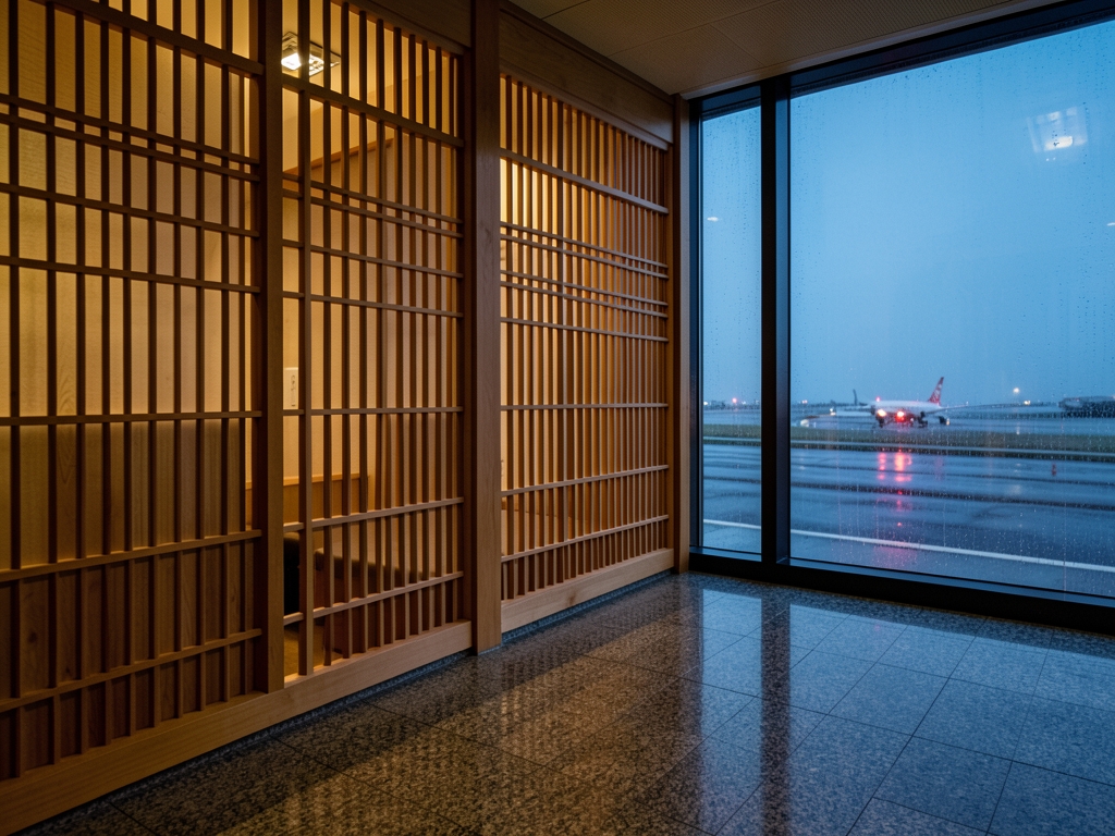 quiet Japanese airport lounge dusk with layered timber