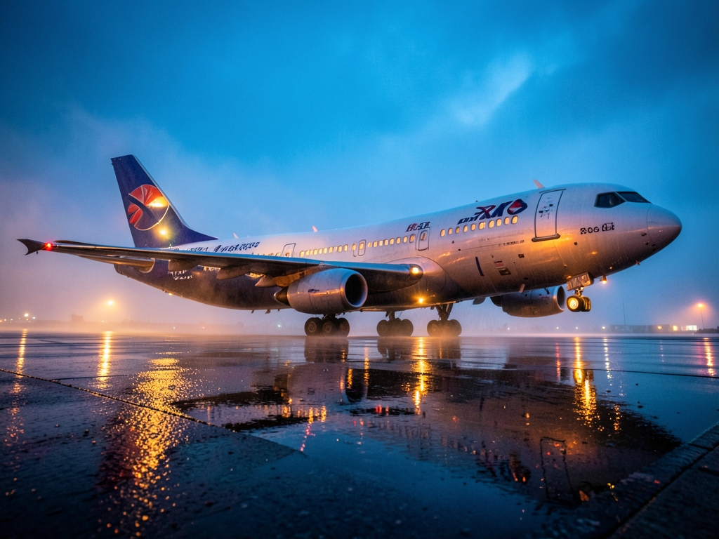 low angle view aircraft rain soaked tarmac twilight puddles mirroring