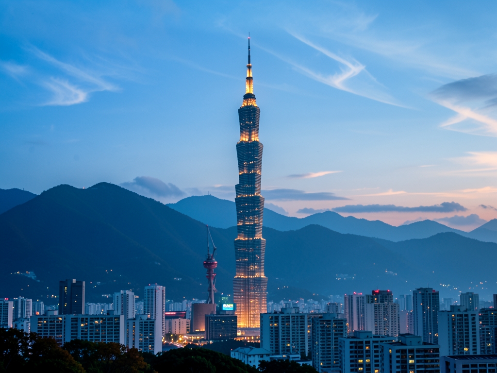 Taipei city skyline blue dusk with soaring tower