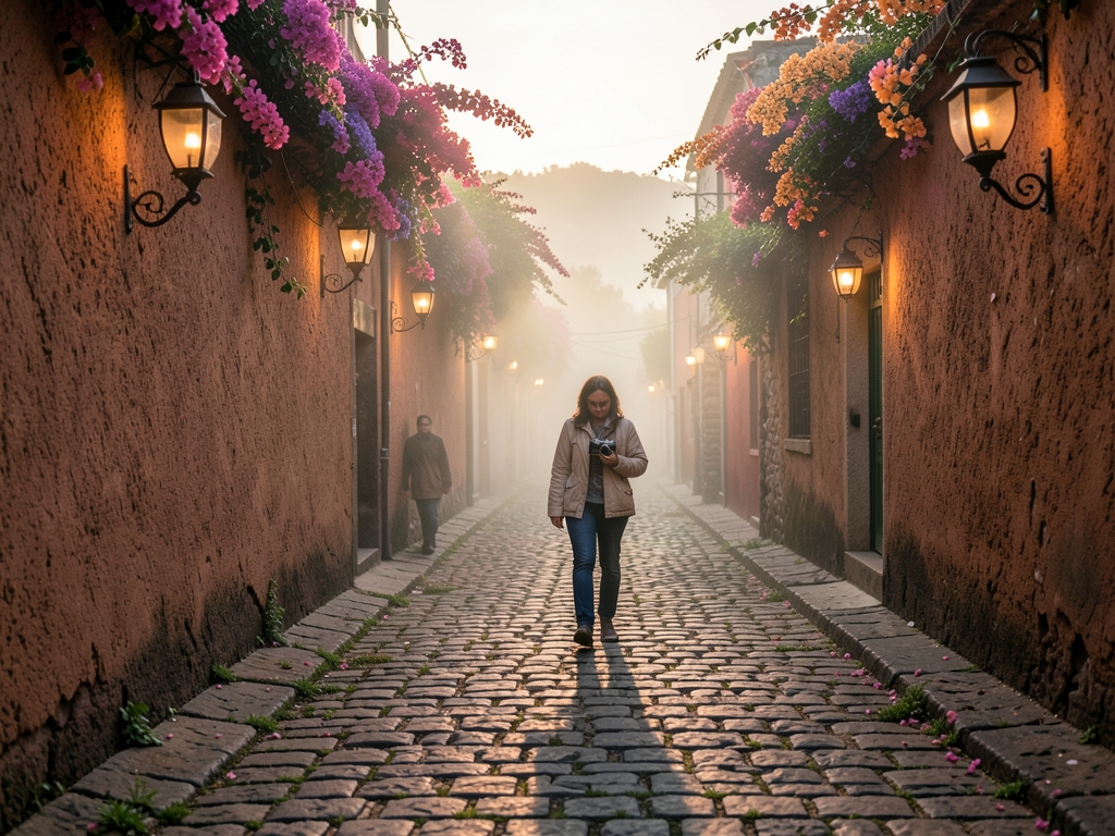 lone traveler walks along cobblestone streets Coyoacán dusk