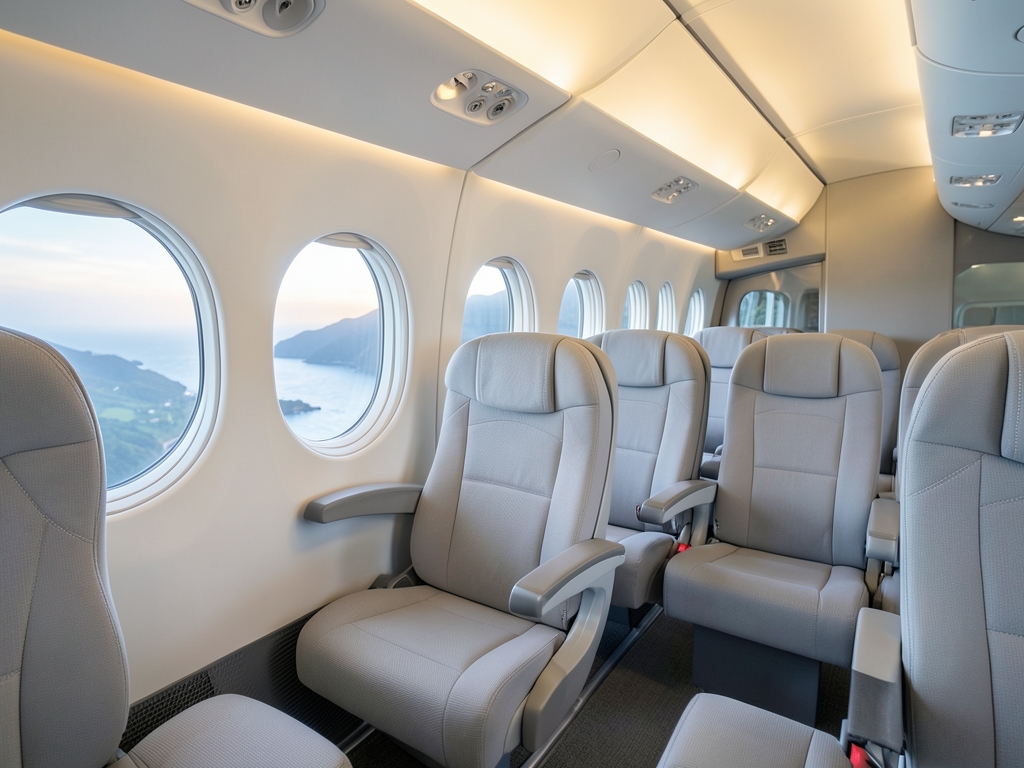 bright airy economy plus cabin with pale gray upholstered