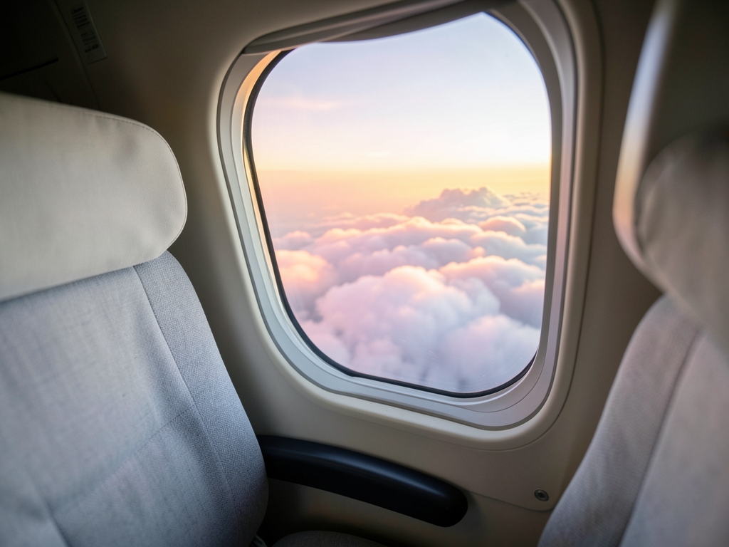 Cabin interior glimpsed from window cruising altitude soft