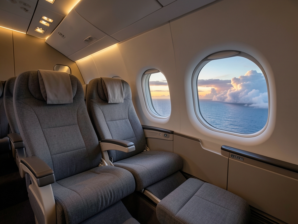 Business class aircraft cabin dusk lie flat seats muted gray