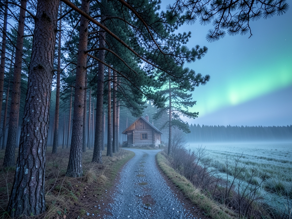 narrow gravel path winding through tall pines toward