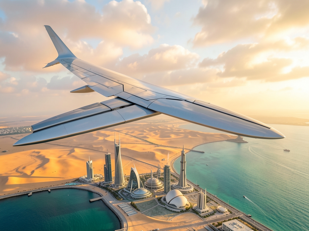 Aerial view futuristic aircraft wing slicing through golden